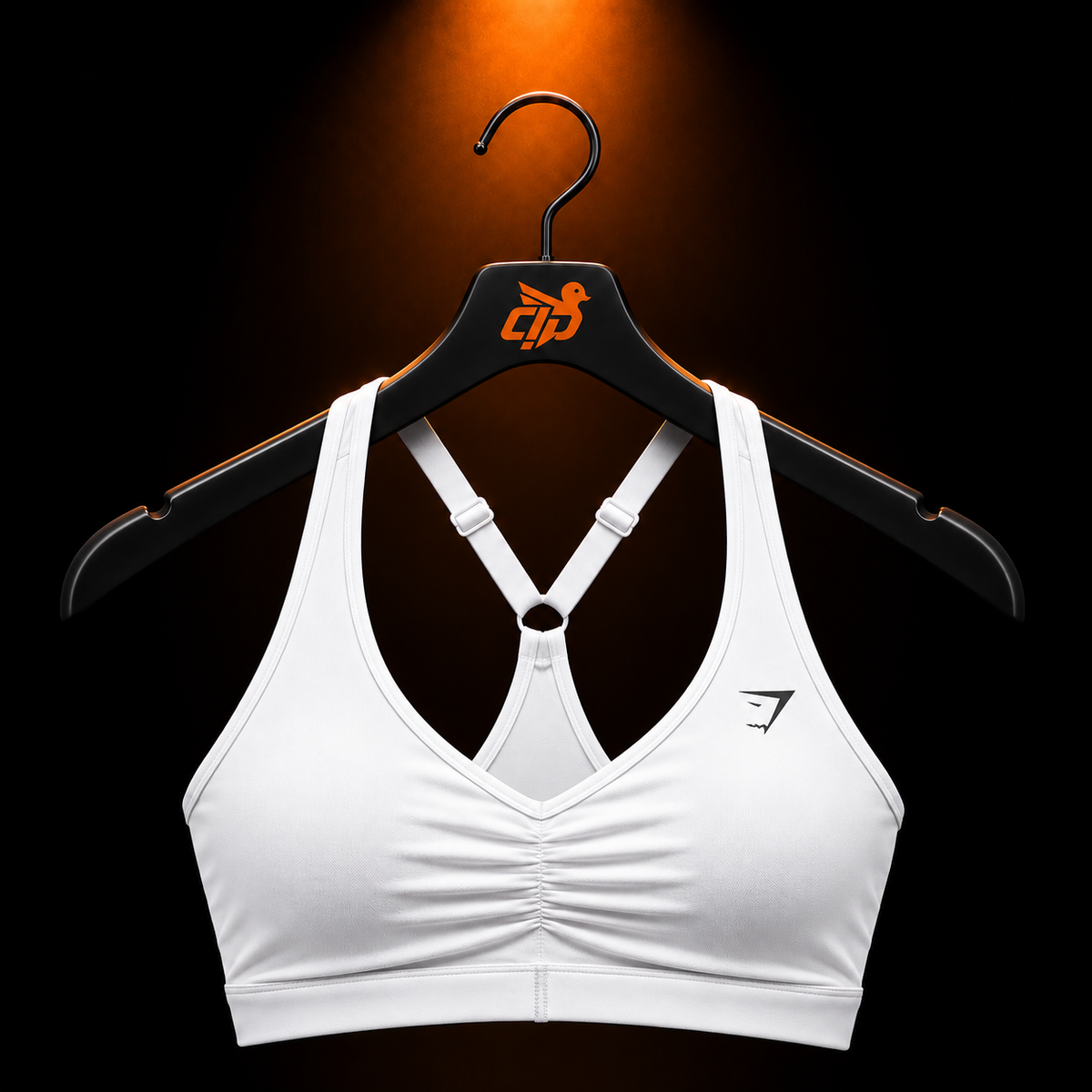 Gymshark Ruched Sports Bra White con presentación de producto — Crazy!Duck Hype