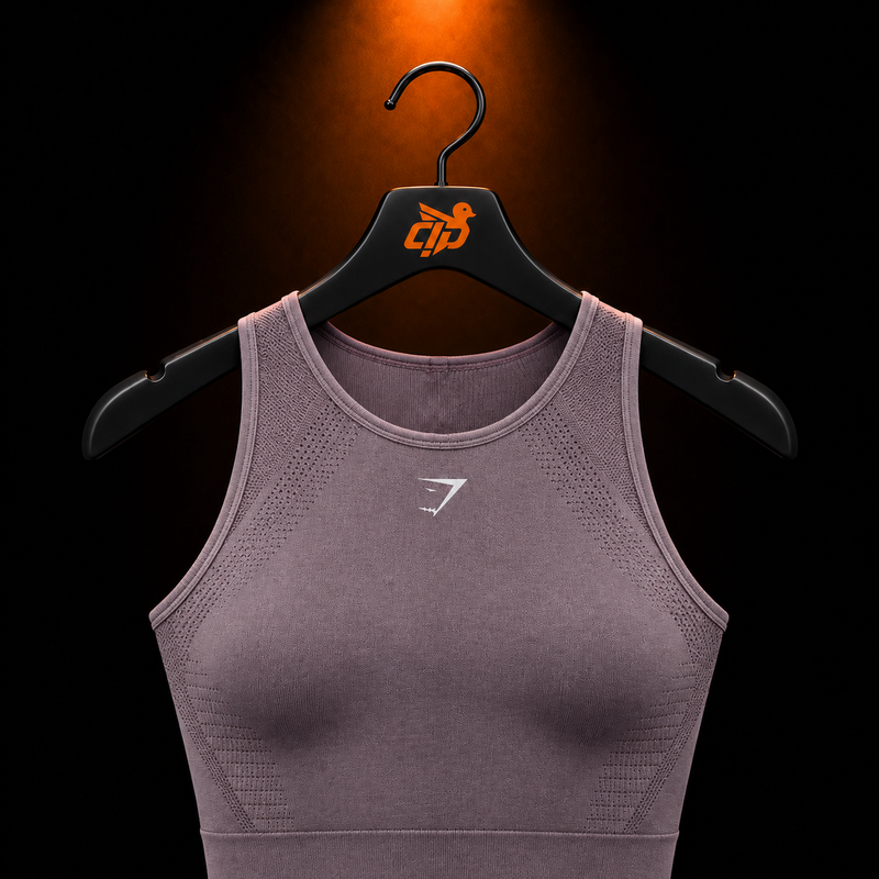 Gymshark Running Seamless Tank Dusk Purple/Walnut Mauve con presentación de producto — Crazy!Duck Hype
