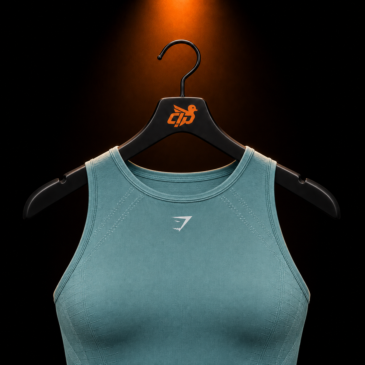 Gymshark Running Seamless Tank Storm Blue/Lifestyle Blue con presentación de producto — Crazy!Duck Hype