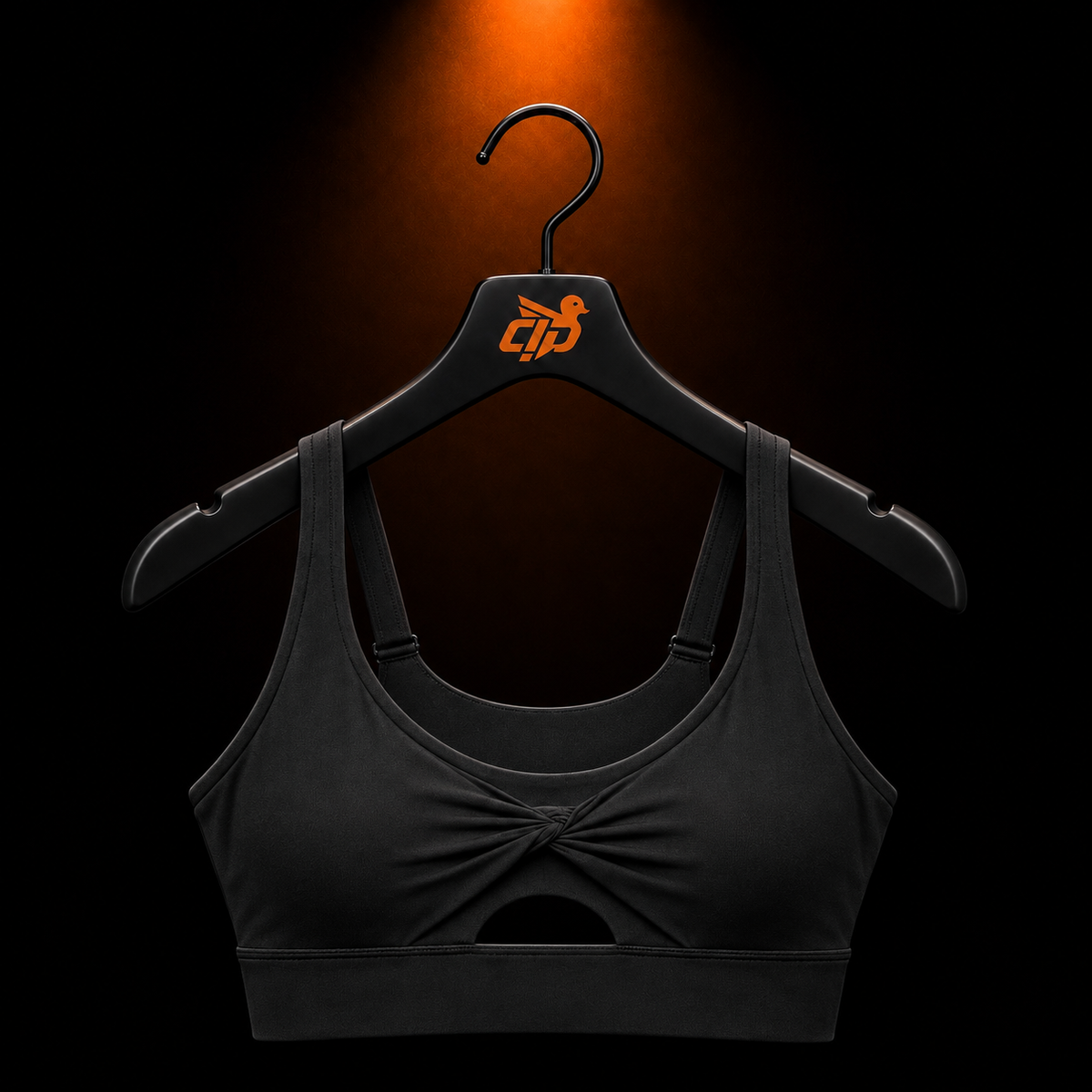 Gymshark Twist Front Sports Bra Black con presentación de producto — Crazy!Duck Hype