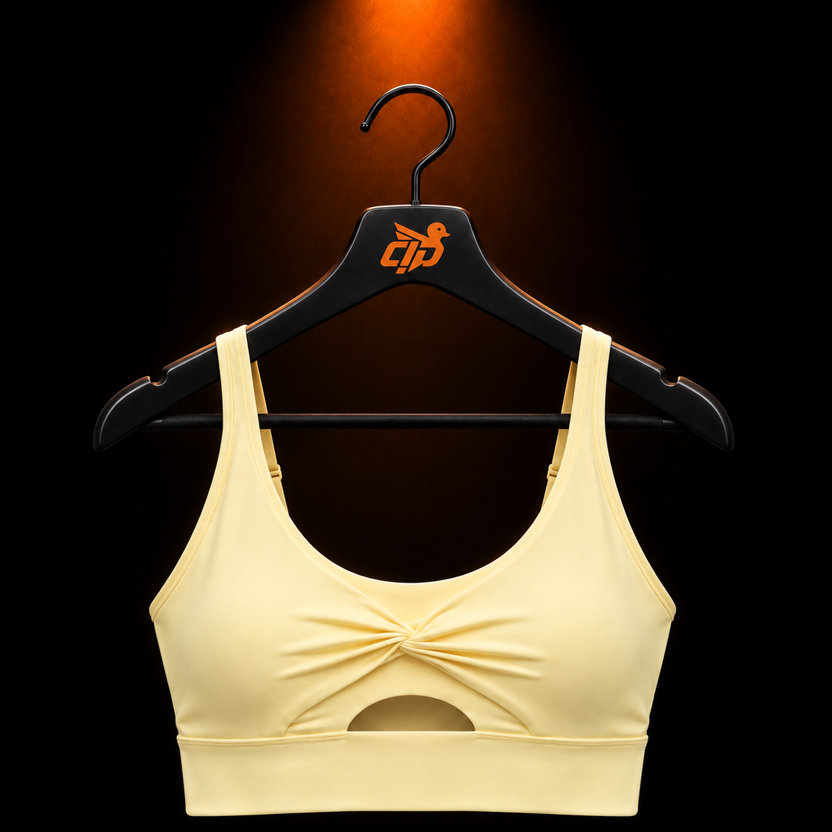 Gymshark Twist Front Sports Bra Butter Yellow con presentación de producto — Crazy!Duck Hype