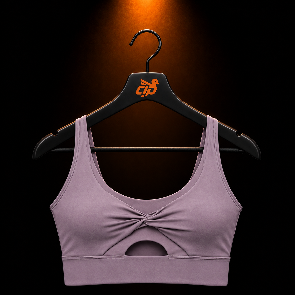 Gymshark Twist Front Sports Bra Dusk Purple con presentación de producto — Crazy!Duck Hype