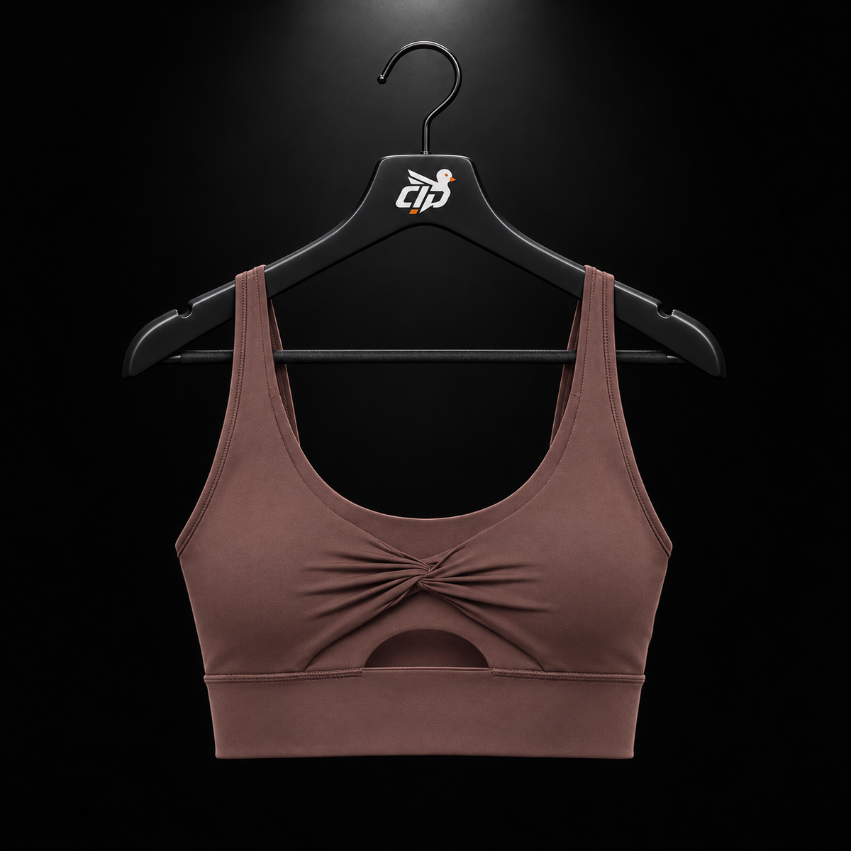 Gymshark Twist Front Sports Bra Espresso Brown, vista frontal — Crazy!Duck Hype