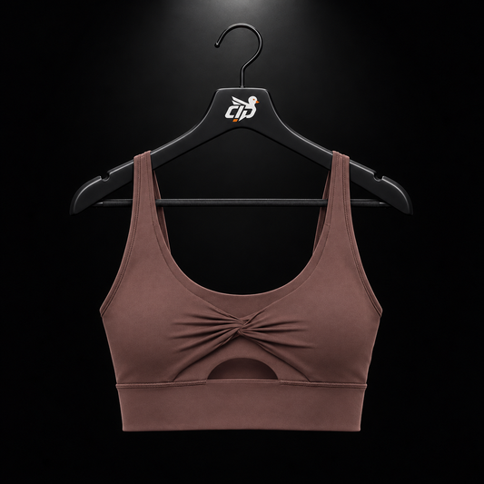 Gymshark Twist Front Sports Bra Espresso Brown, vista frontal — Crazy!Duck Hype