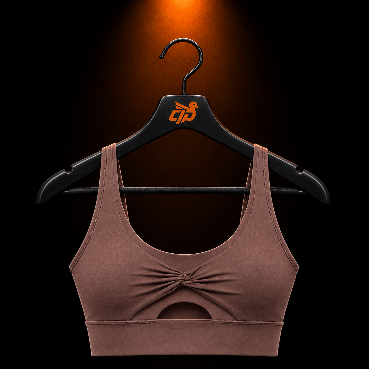 Gymshark Twist Front Sports Bra Espresso Brown con presentación de producto — Crazy!Duck Hype