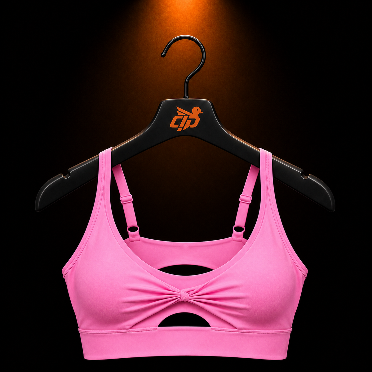 Gymshark Twist Front Sports Bra Focus Pink con presentación de producto — Crazy!Duck Hype