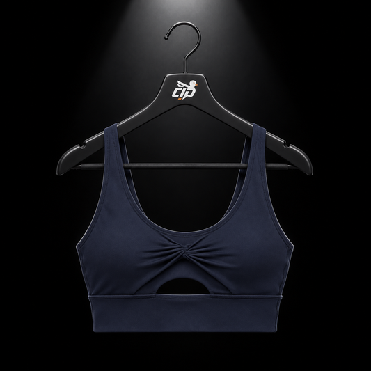 Gymshark Twist Front Sports Bra Heavy Blue, vista frontal — Crazy!Duck Hype