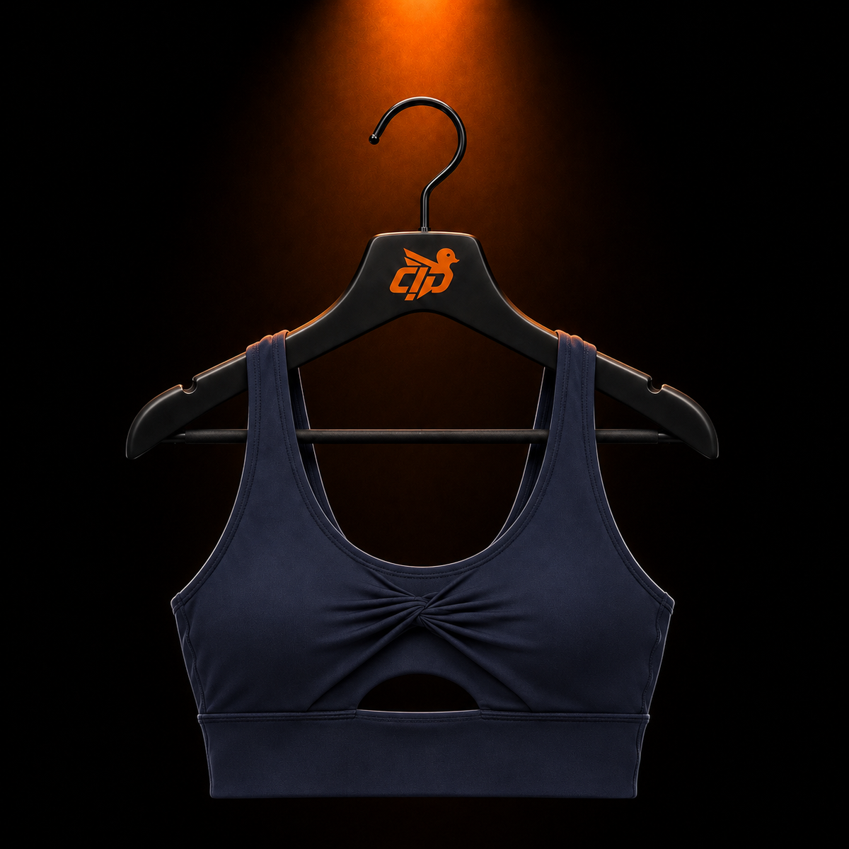 Gymshark Twist Front Sports Bra Heavy Blue con presentación de producto — Crazy!Duck Hype