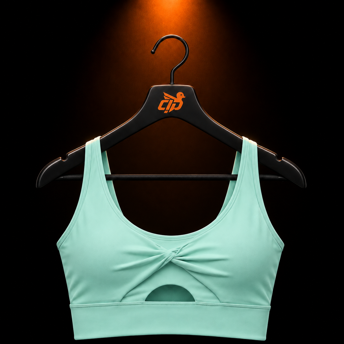 Gymshark Twist Front Sports Bra Pop Turquoise con presentación de producto — Crazy!Duck Hype