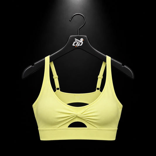 Gymshark Twist Front Sports Bra Sorbet Yellow, vista frontal — Crazy!Duck Hype