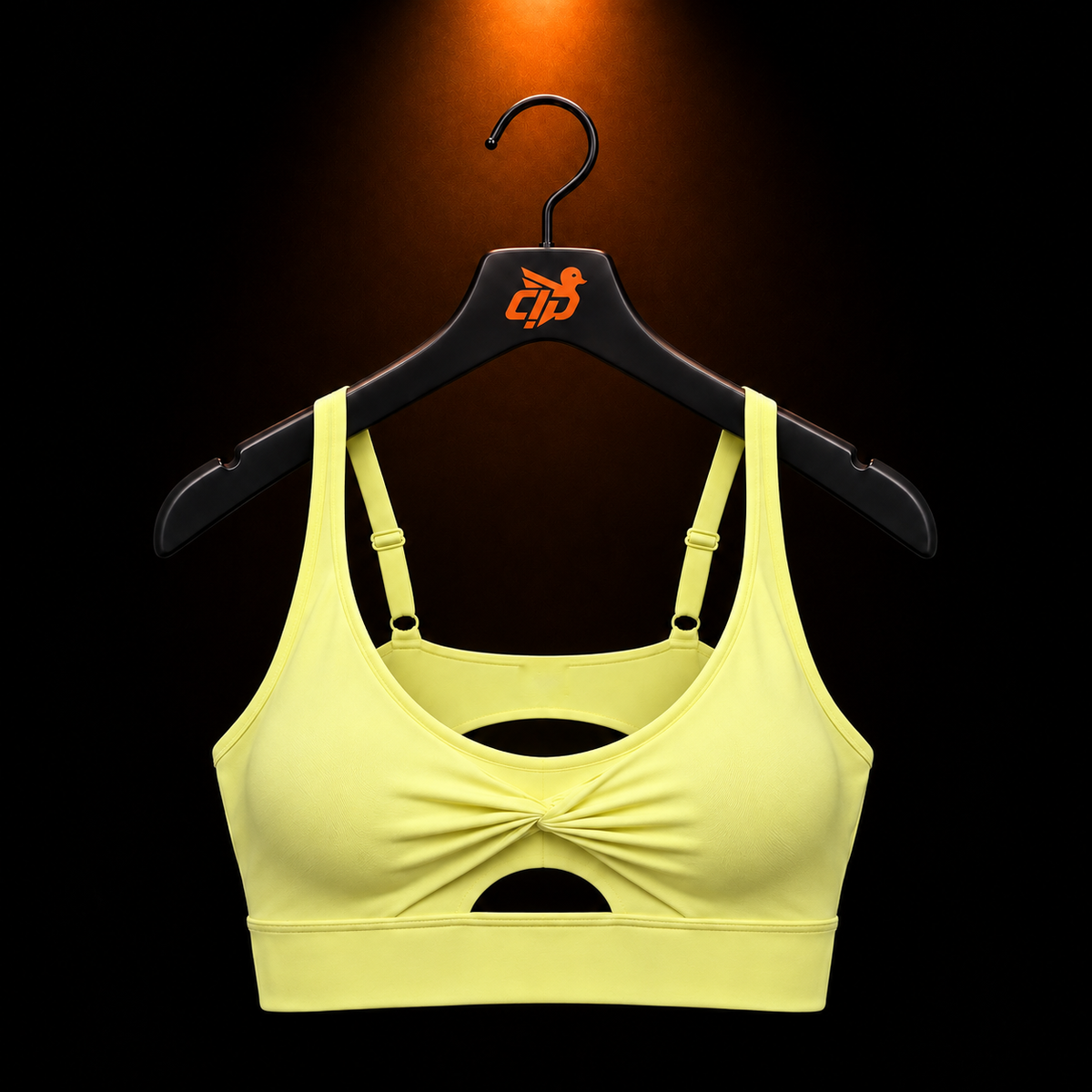 Gymshark Twist Front Sports Bra Sorbet Yellow con presentación de producto — Crazy!Duck Hype