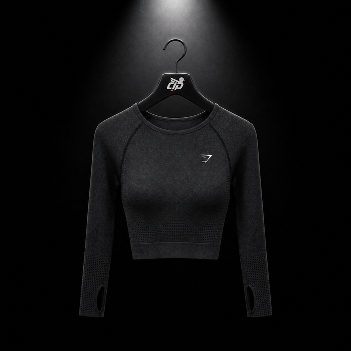 Gymshark Vital Seamless 2.0 Crop Top Black Marl, vista frontal — Crazy!Duck Hype