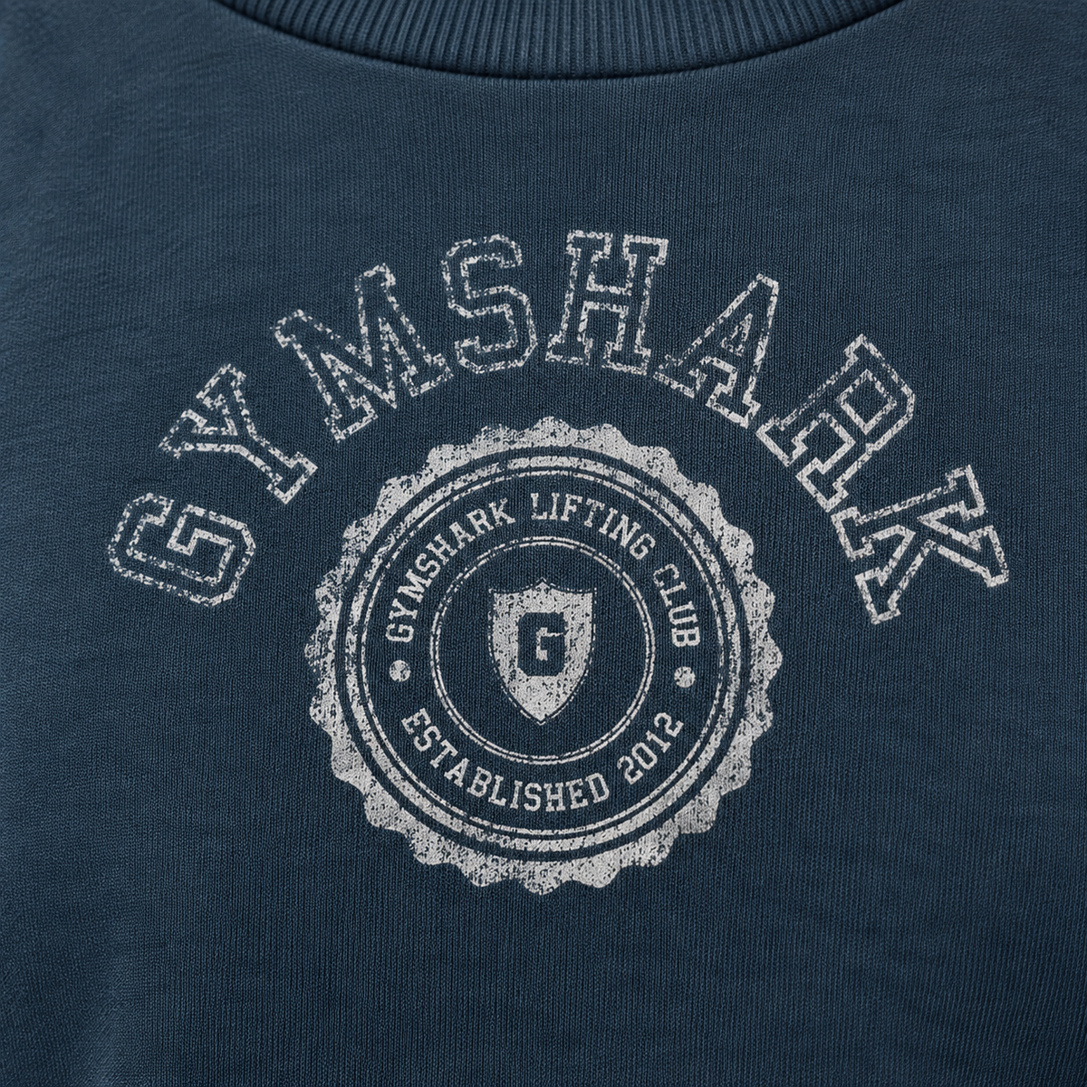 Gymshark Worn Crest Graphic Sweatshirt GS Stealth Blue, detalle de estampado y diseño — Crazy!Duck Hype