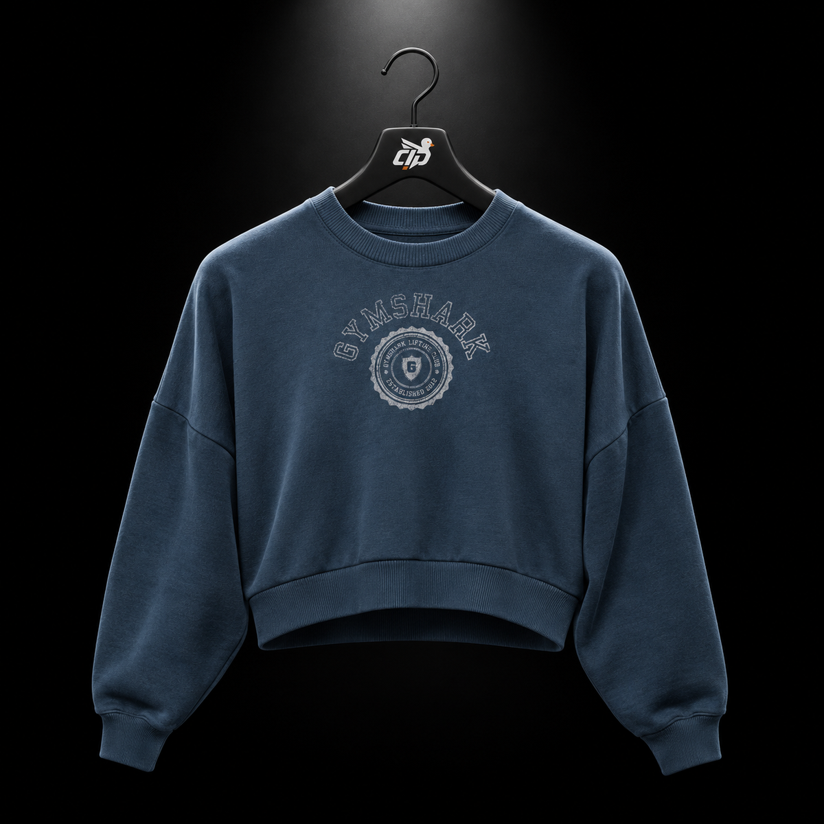 Gymshark Worn Crest Graphic Sweatshirt GS Stealth Blue, vista frontal — Crazy!Duck Hype