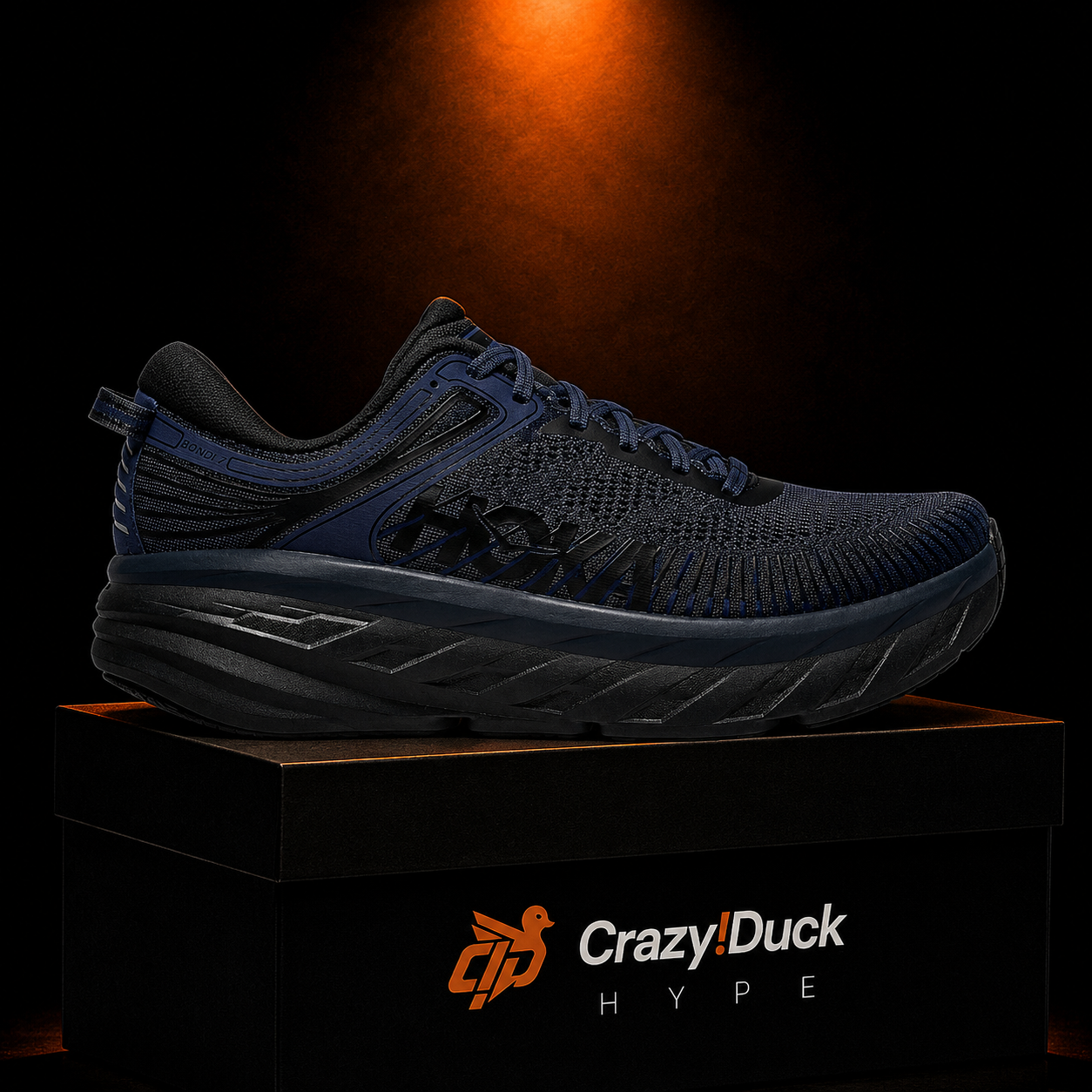 Hoka Bondi 7 Black Navy con empaque — Crazy!Duck Hype