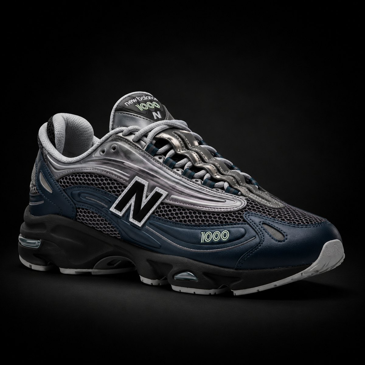 New Balance 1000 Deep Ocean Metallic Silver, vista frontal — Crazy!Duck Hype