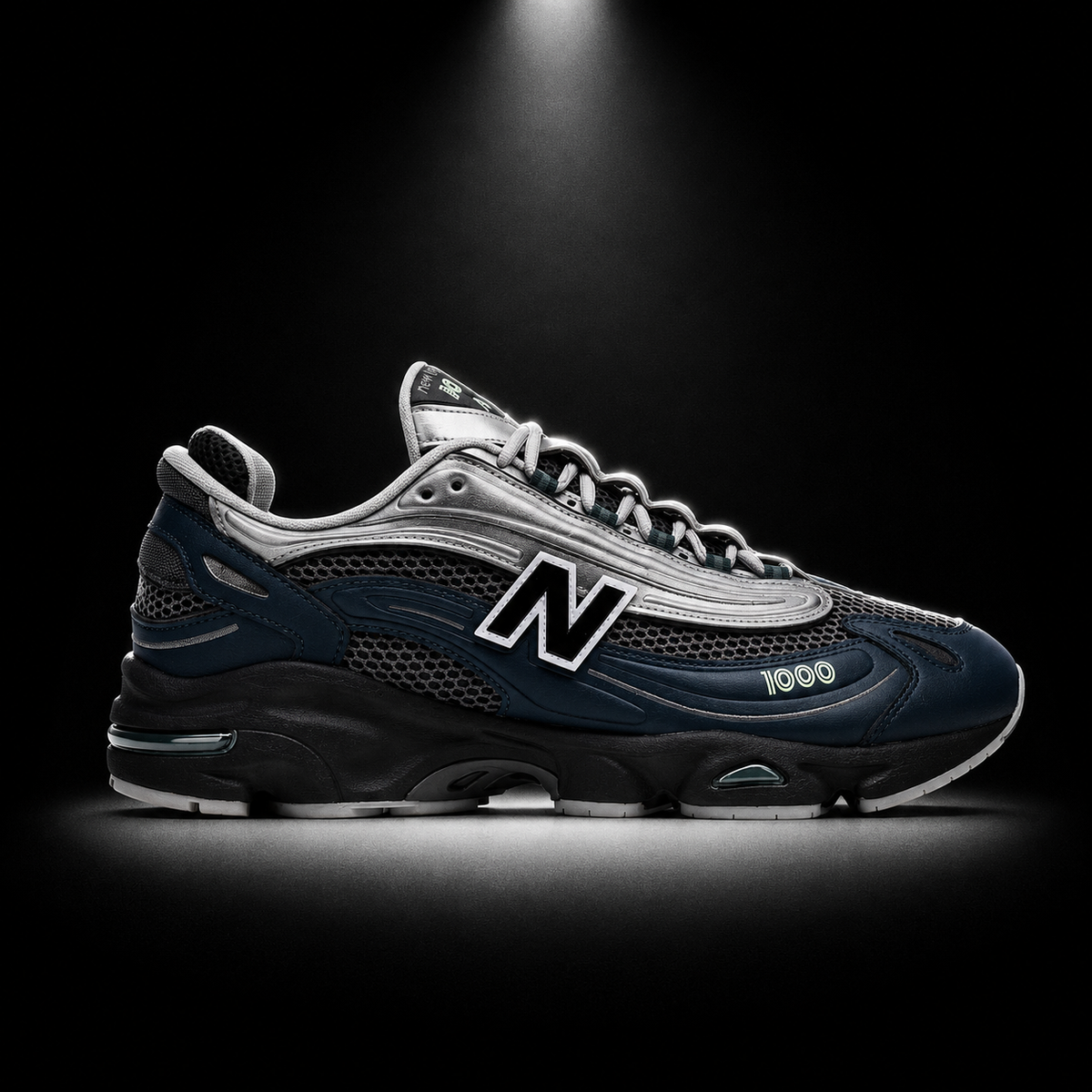 New Balance 1000 Deep Ocean Metallic Silver, vista lateral — Crazy!Duck Hype