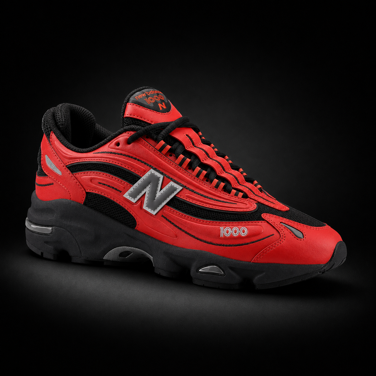 New Balance 1000 Red Black, vista frontal — Crazy!Duck Hype