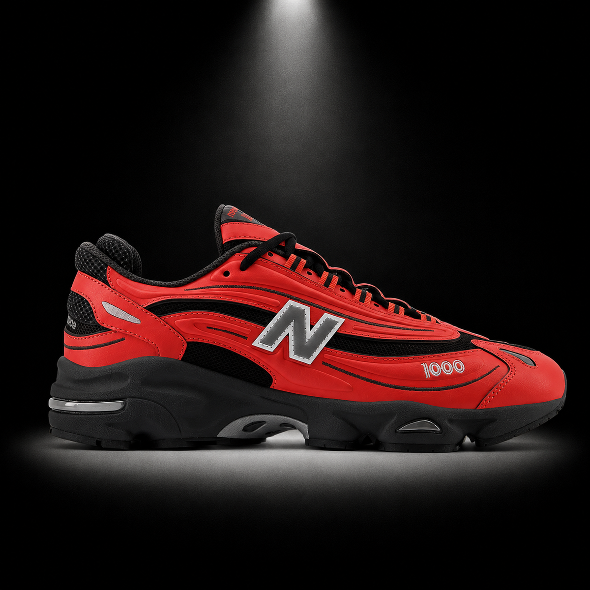New Balance 1000 Red Black, vista lateral — Crazy!Duck Hype
