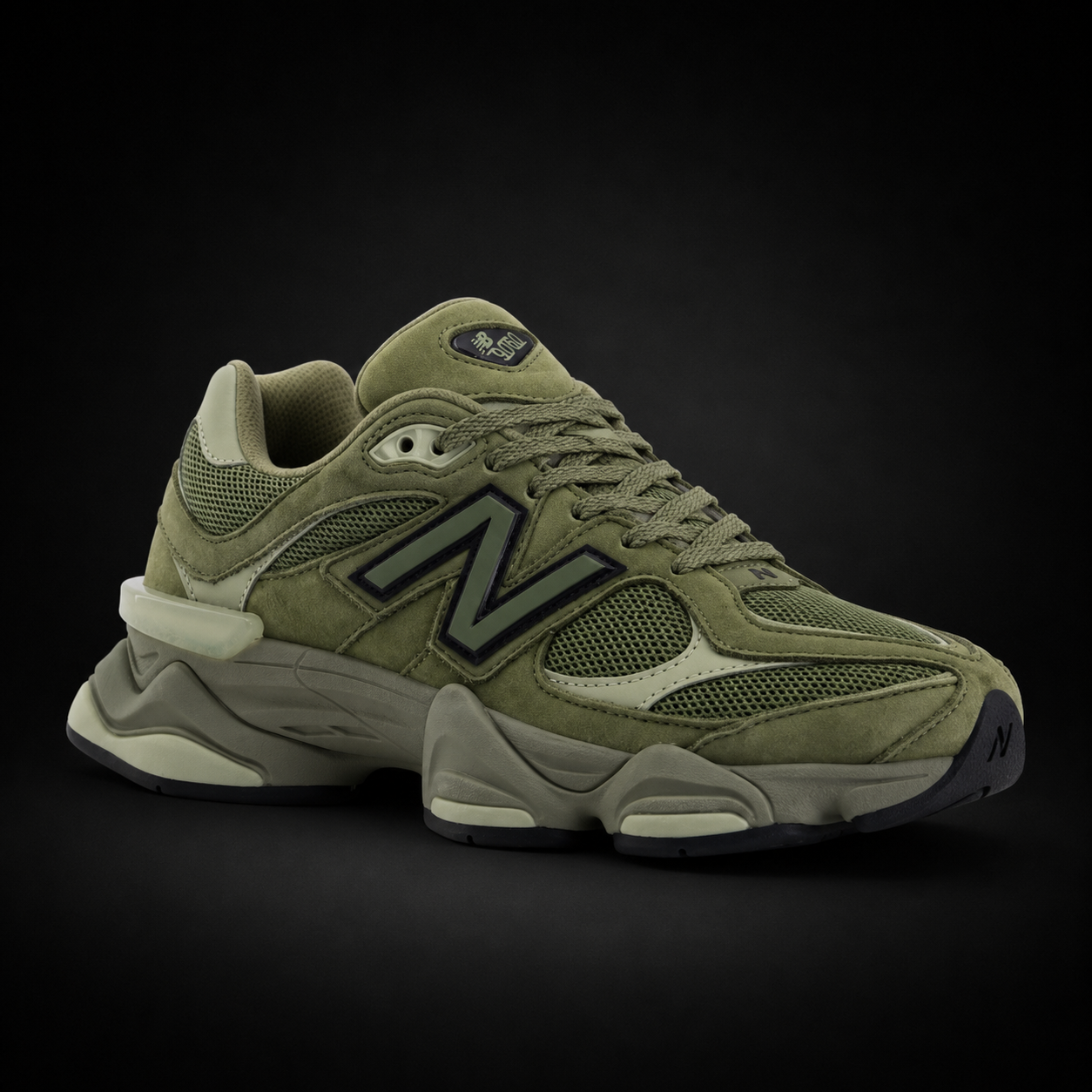 New Balance 9060 Dark Olivine, vista frontal — Crazy!Duck Hype