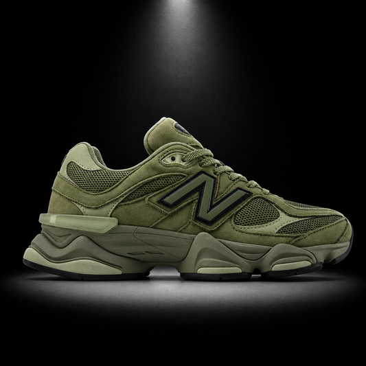 New Balance 9060 Dark Olivine, vista lateral — Crazy!Duck Hype