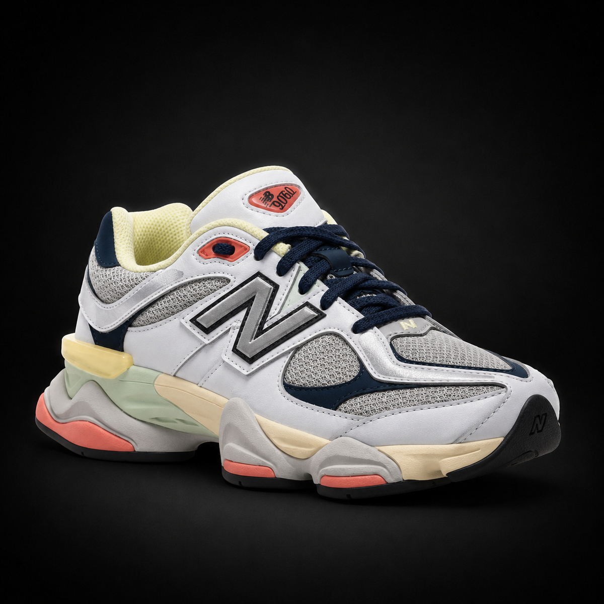New Balance 9060 Grey Yellow Navy, vista frontal — Crazy!Duck Hype