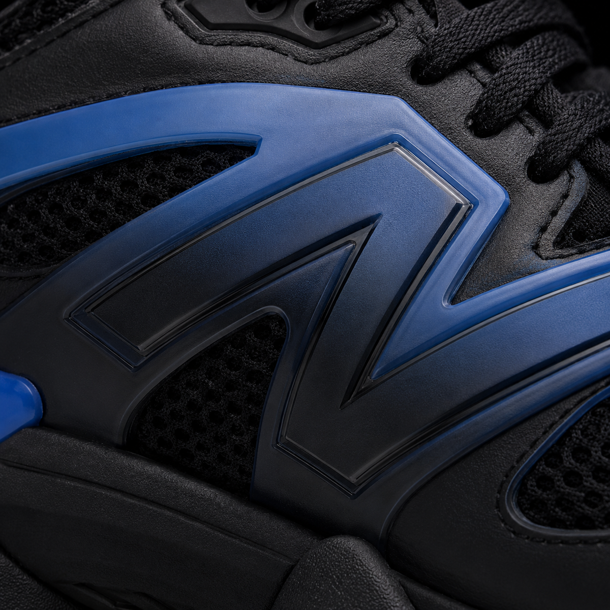New Balance 9060 Navy Blue Black Gradient, detalle de logo y material — Crazy!Duck Hype