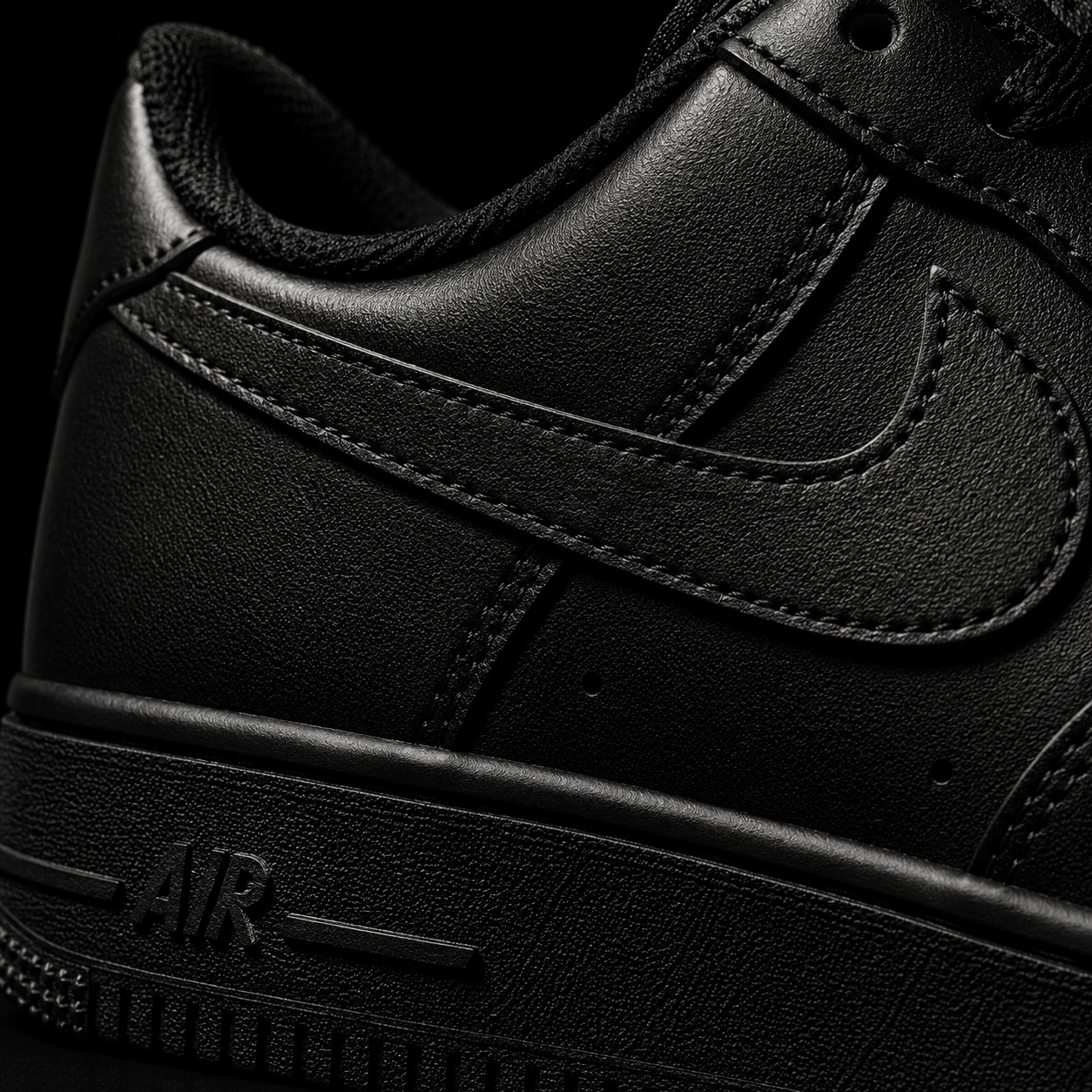 Nike Air Force 1 Low '07 Black, detalle de logo y material — Crazy!Duck Hype