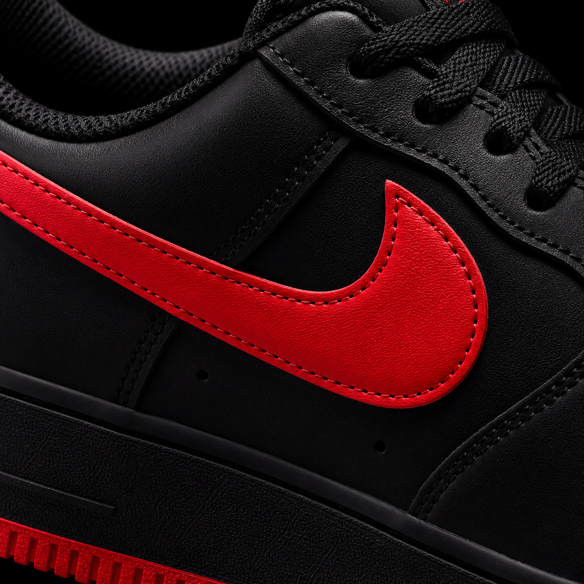 Nike Air Force 1 Low '07 Black University Red, detalle de logo y material — Crazy!Duck Hype