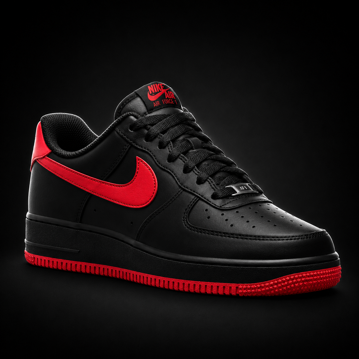 Nike Air Force 1 Low '07 Black University Red, vista frontal — Crazy!Duck Hype