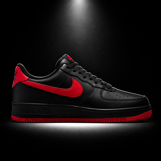 Nike Air Force 1 Low '07 Black University Red, vista lateral — Crazy!Duck Hype