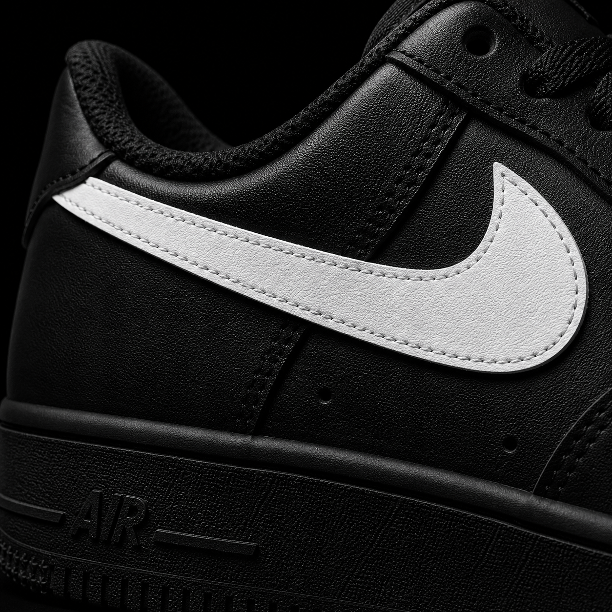 Nike Air Force 1 Low '07 Black White, detalle de logo y material — Crazy!Duck Hype