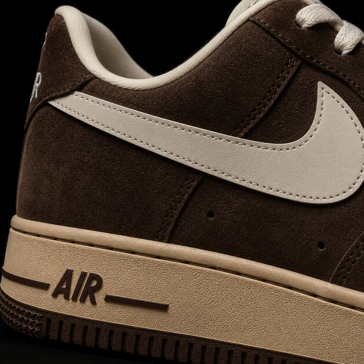 Nike Air Force 1 Low '07 Cacao Wow Coconut Milk, detalle de logo y material — Crazy!Duck Hype