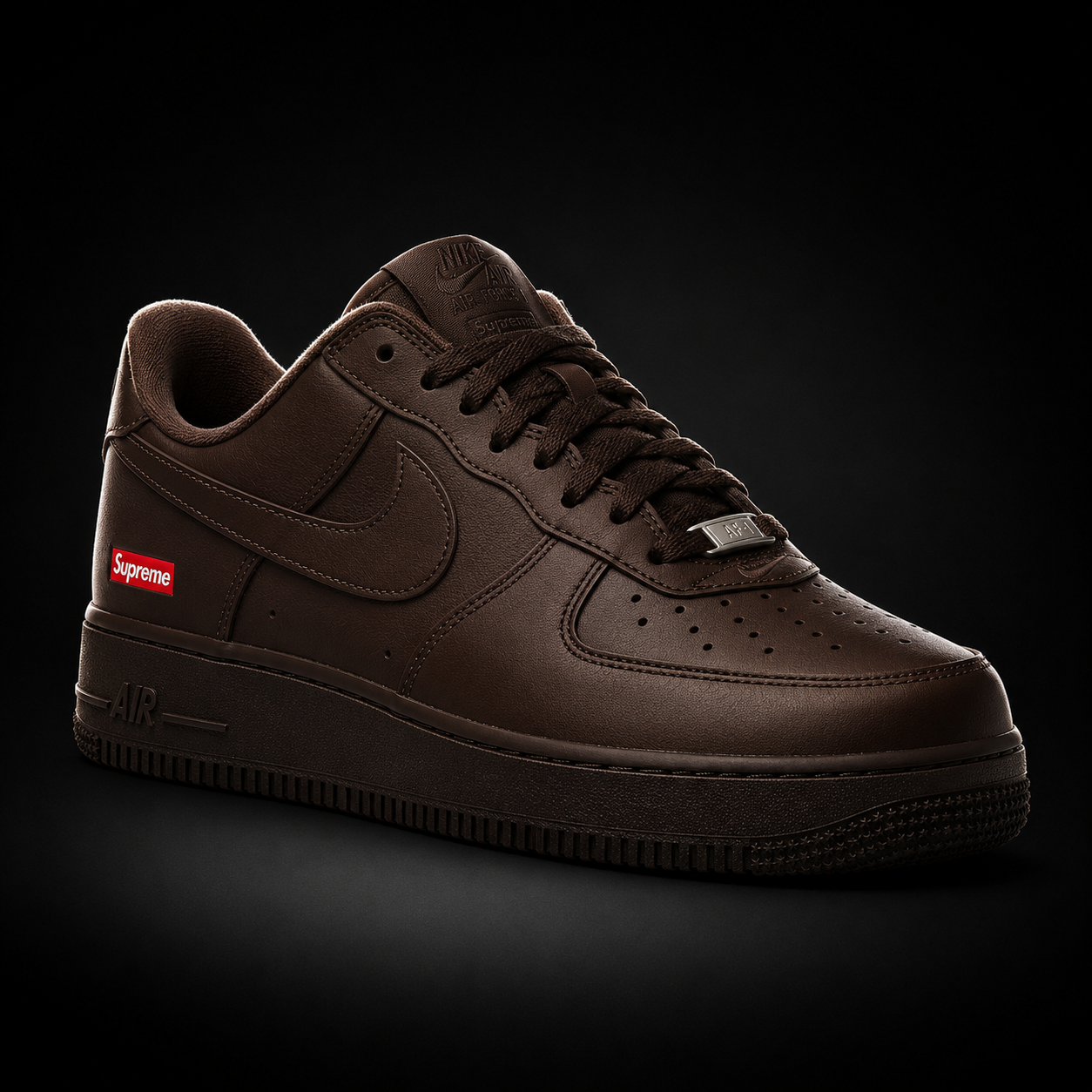 Nike Air Force 1 Low Supreme Baroque Brown, vista frontal — Crazy!Duck Hype