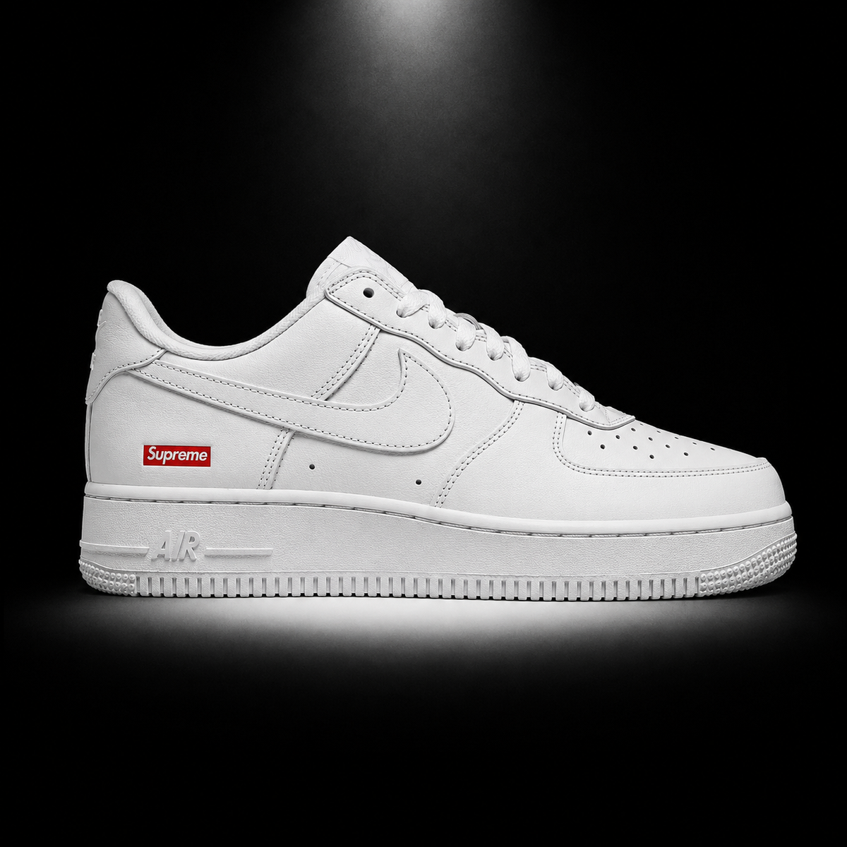 Nike Air Force 1 Low Supreme White White, vista lateral — Crazy!Duck Hype