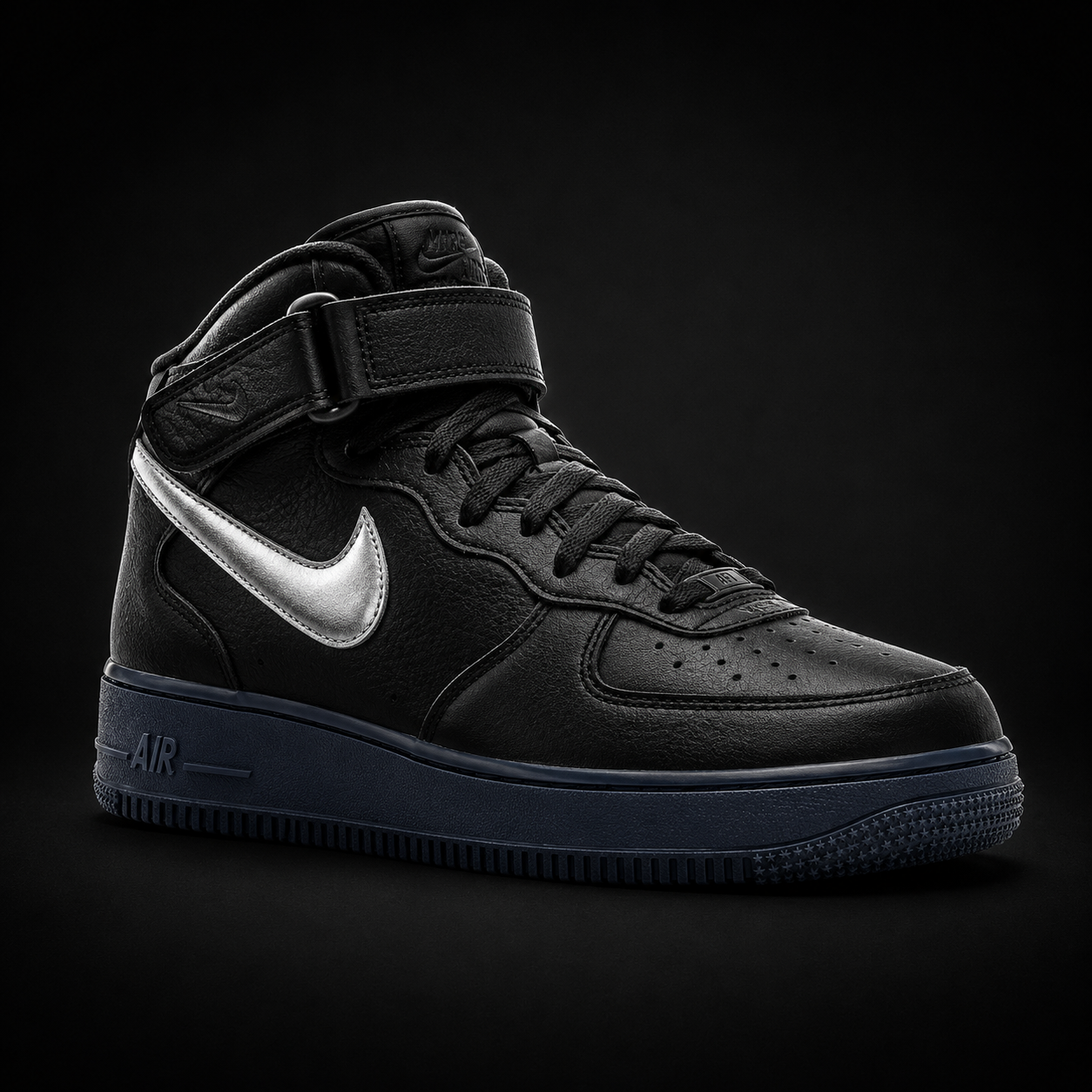 Nike Air Force 1 Mid '07 Premium Black Metallic Silver, vista frontal — Crazy!Duck Hype