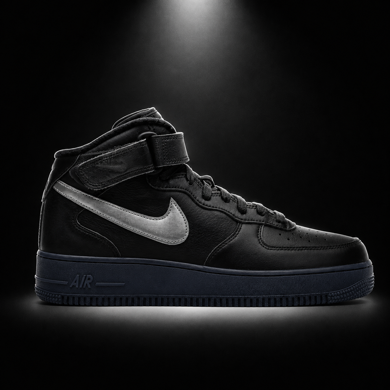 Nike Air Force 1 Mid '07 Premium Black Metallic Silver, vista lateral — Crazy!Duck Hype