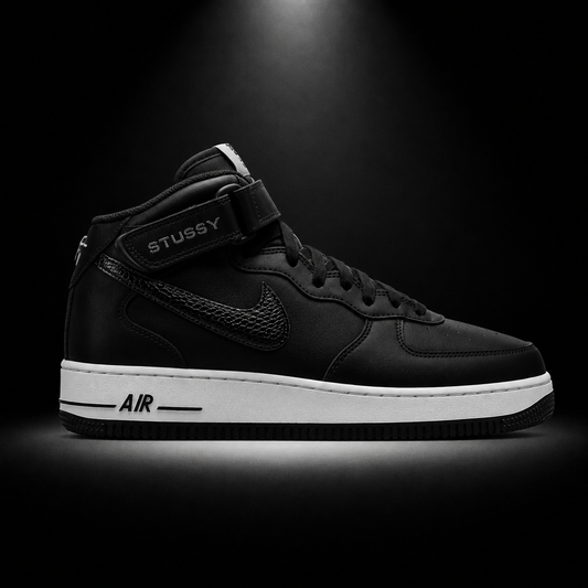 Nike Air Force 1 Mid '07 Stussy Black White, vista lateral — Crazy!Duck Hype