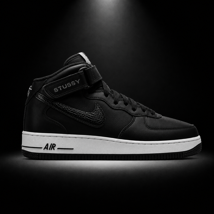 Nike Air Force 1 Mid '07 Stussy Black White, vista lateral — Crazy!Duck Hype