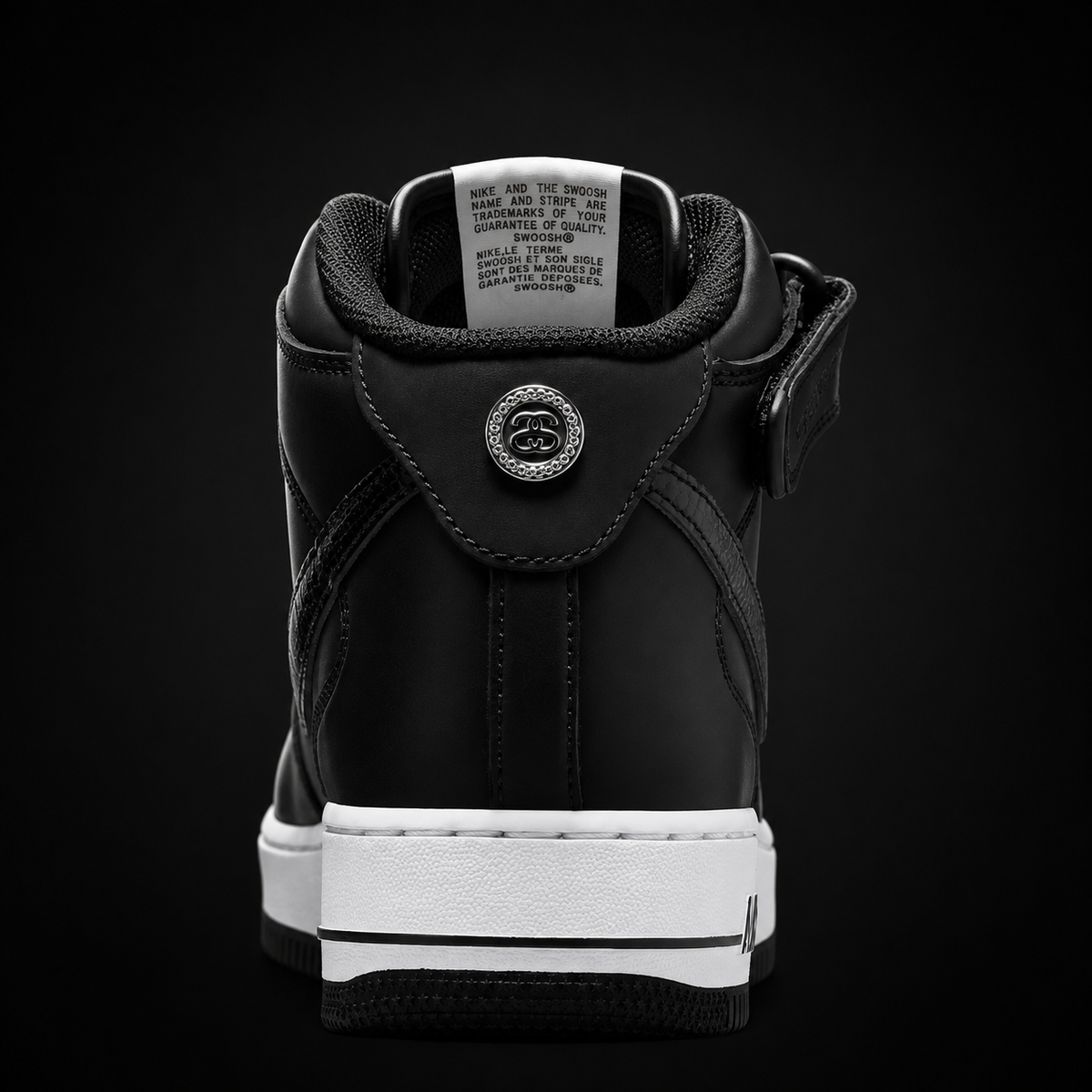 Nike Air Force 1 Mid '07 Stussy Black White, vista trasera — Crazy!Duck Hype
