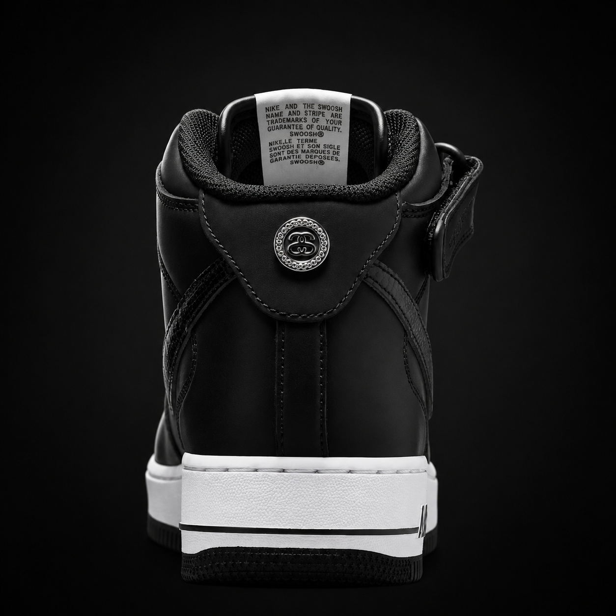 Nike Air Force 1 Mid '07 Stussy Black White, vista trasera — Crazy!Duck Hype