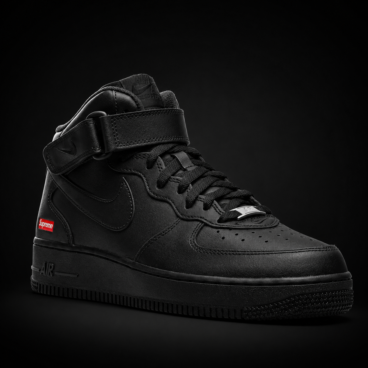 Nike Air Force 1 Mid Supreme Black Black, vista frontal — Crazy!Duck Hype