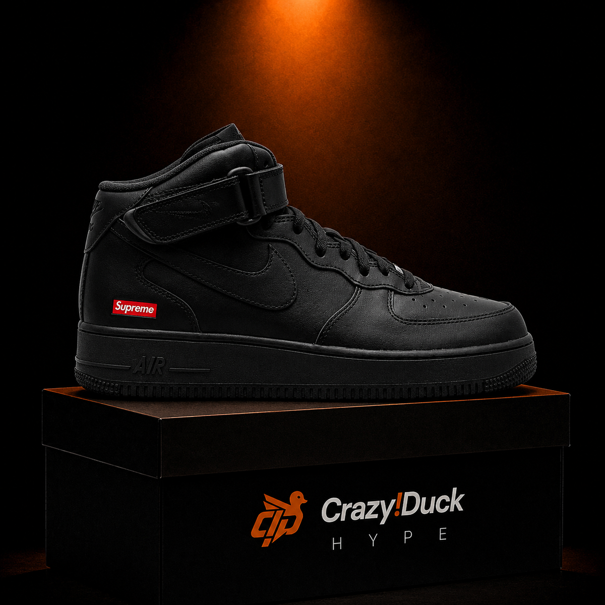 Nike Air Force 1 Mid Supreme Black Black con empaque — Crazy!Duck Hype