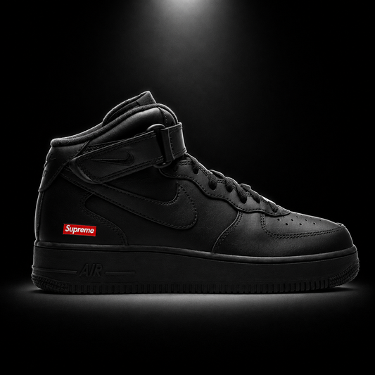Nike Air Force 1 Mid Supreme Black Black, vista lateral — Crazy!Duck Hype