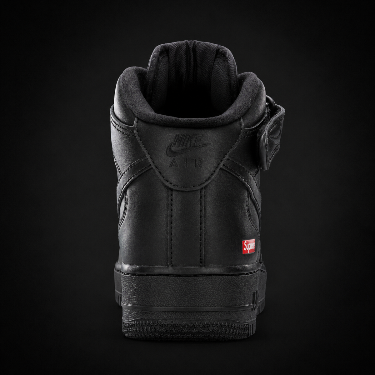 Nike Air Force 1 Mid Supreme Black Black, vista trasera — Crazy!Duck Hype