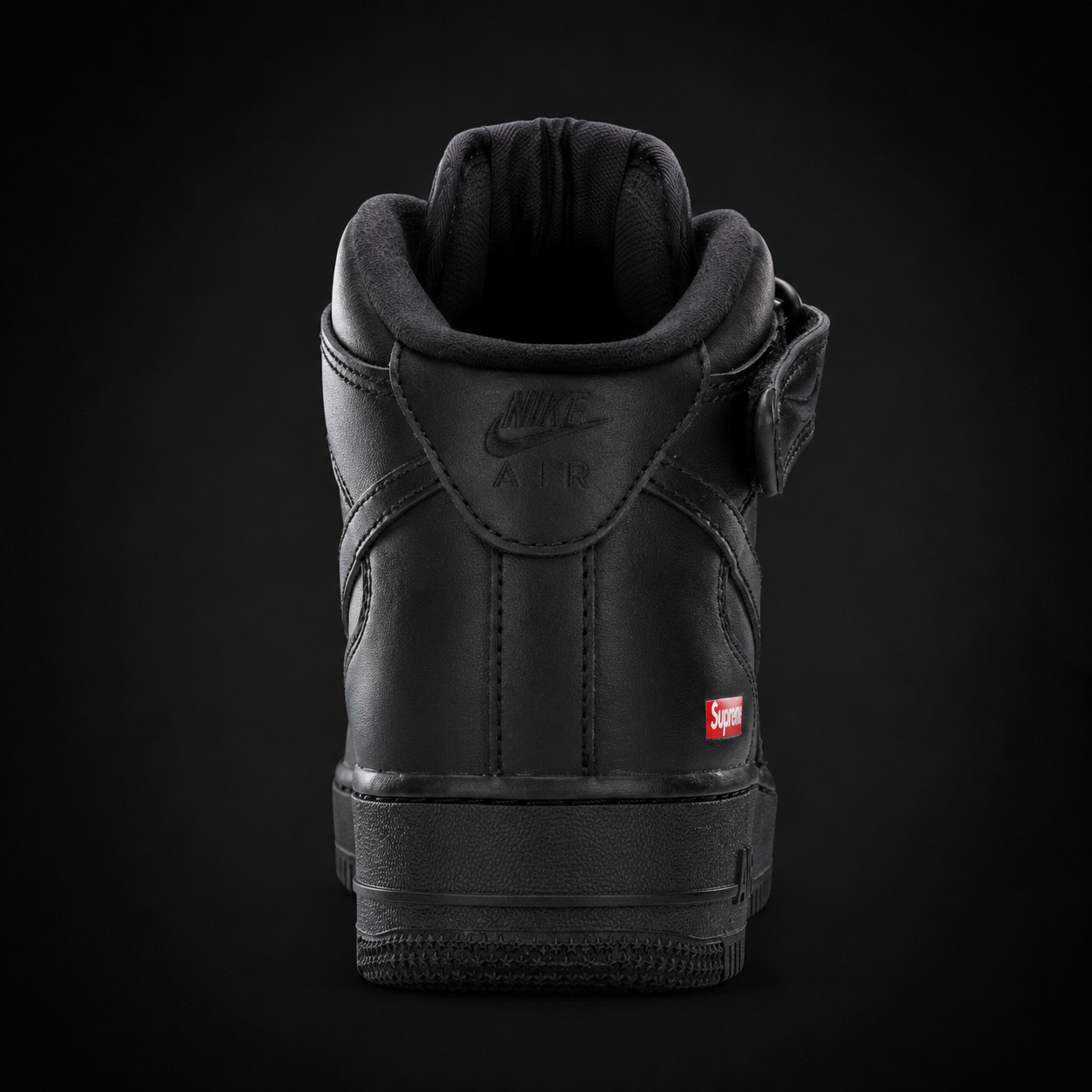Nike Air Force 1 Mid Supreme Black Black, vista trasera — Crazy!Duck Hype