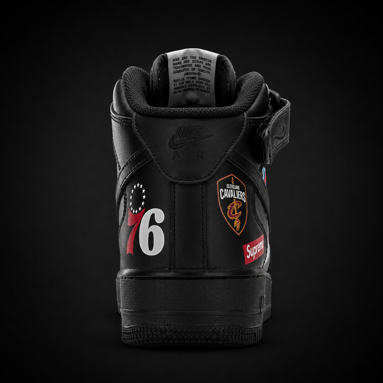 Nike Air Force 1 Mid Supreme NBA Black Black, vista trasera — Crazy!Duck Hype