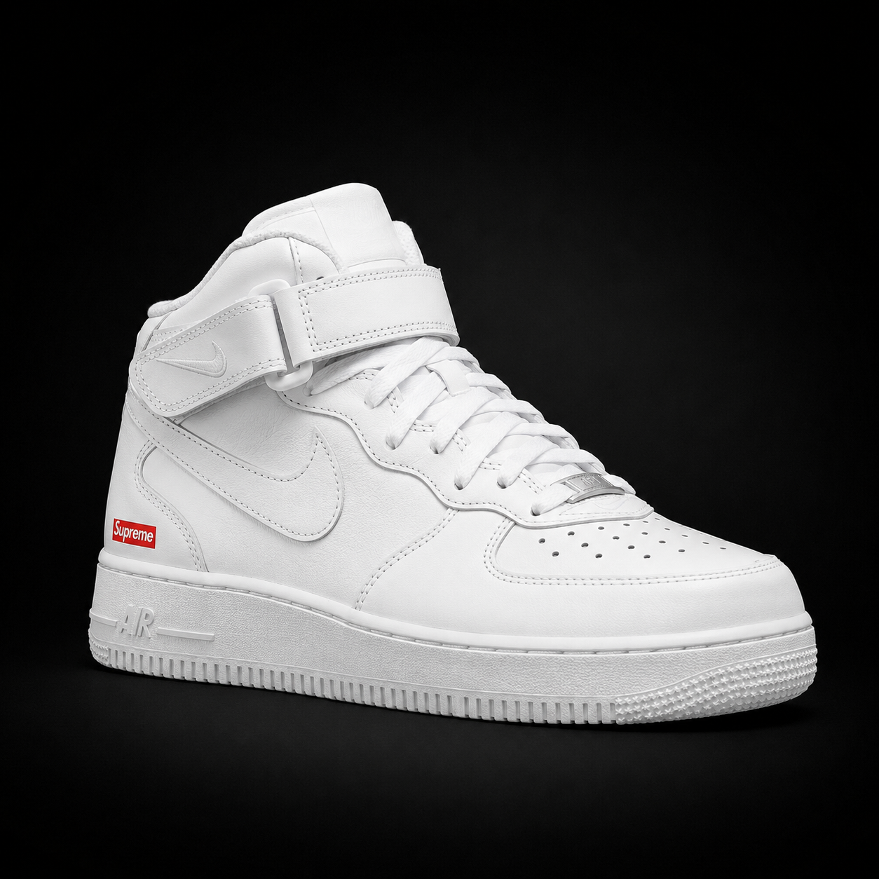 Nike Air Force 1 Mid Supreme White White, vista frontal — Crazy!Duck Hype