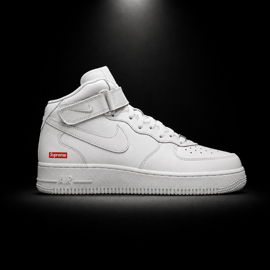 Nike Air Force 1 Mid Supreme White White, vista lateral — Crazy!Duck Hype