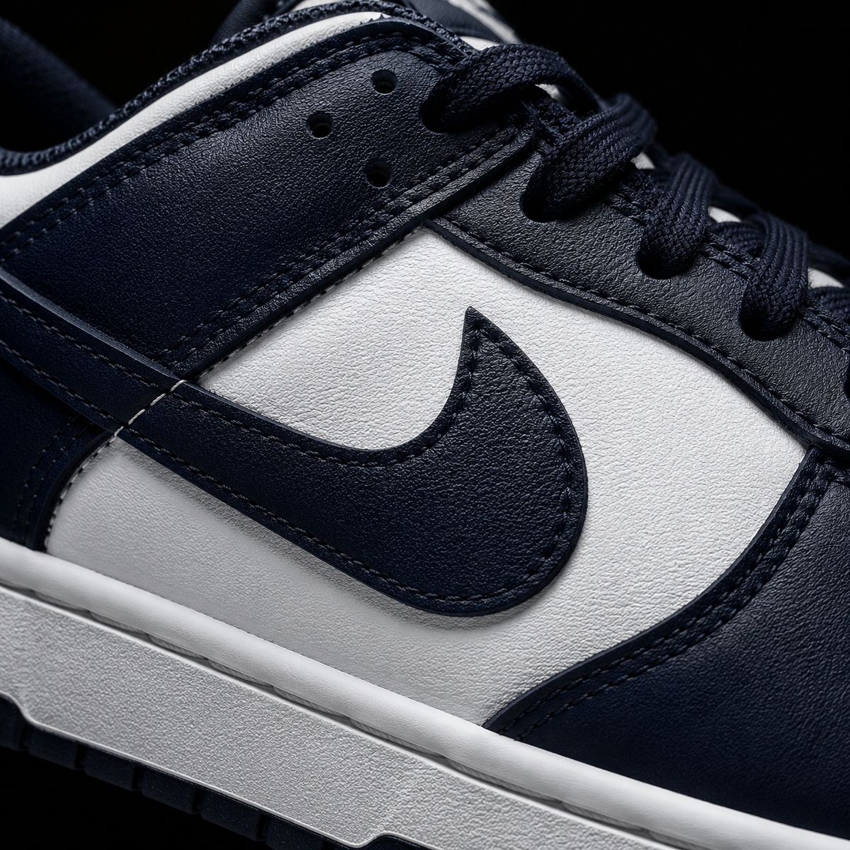 Nike Dunk Low Midnight Navy White, detalle de logo y material — Crazy!Duck Hype